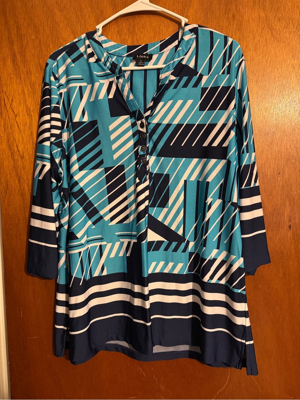 Link Teal, Navy & White Geometric Button-Up Tunic